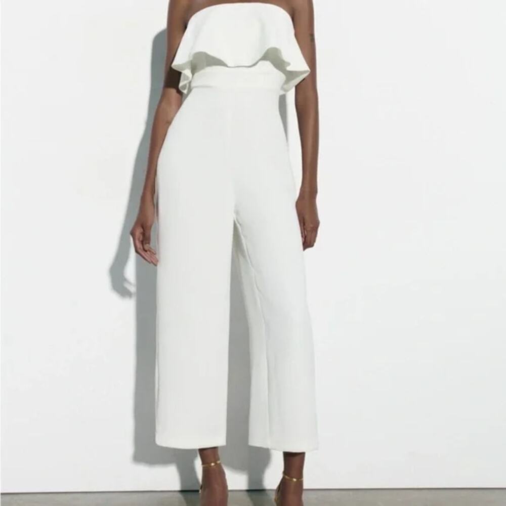 Babaton Altamiro Strapless Ruffle Trim Wide Leg Jumpsuit White Women's Size 4